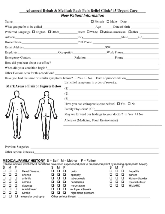 45 Urgent Care New Patient Data Intake Form